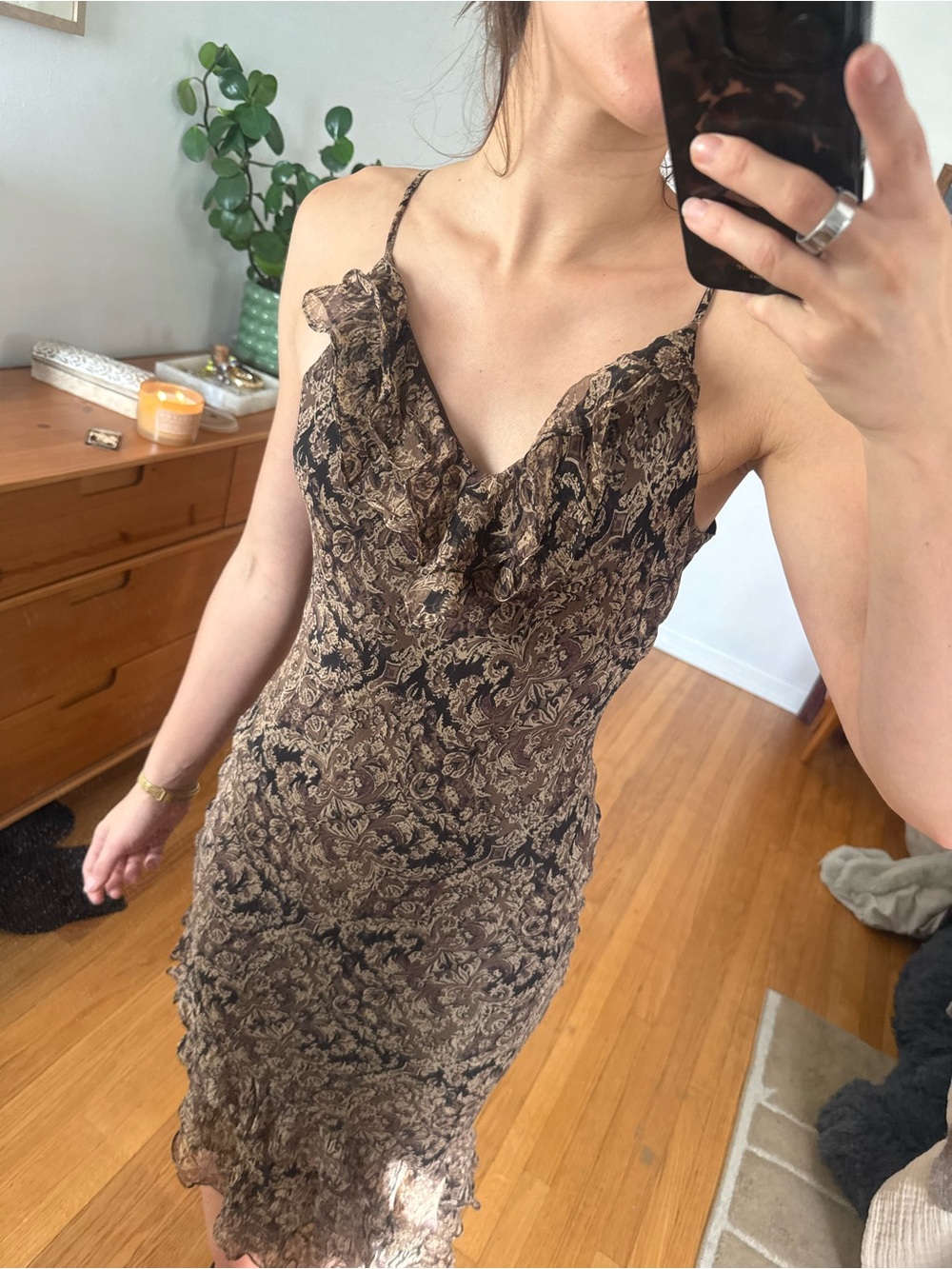 ICE SILK Brown Paisley Slip Dress with Ruffle Trim